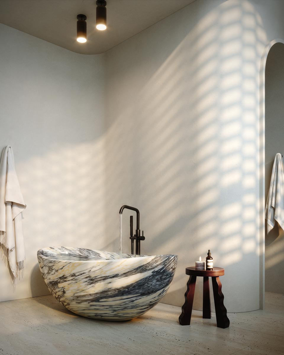 curved walls in spa-like modern bathroom with floating marble tub inside nyc townhouse design