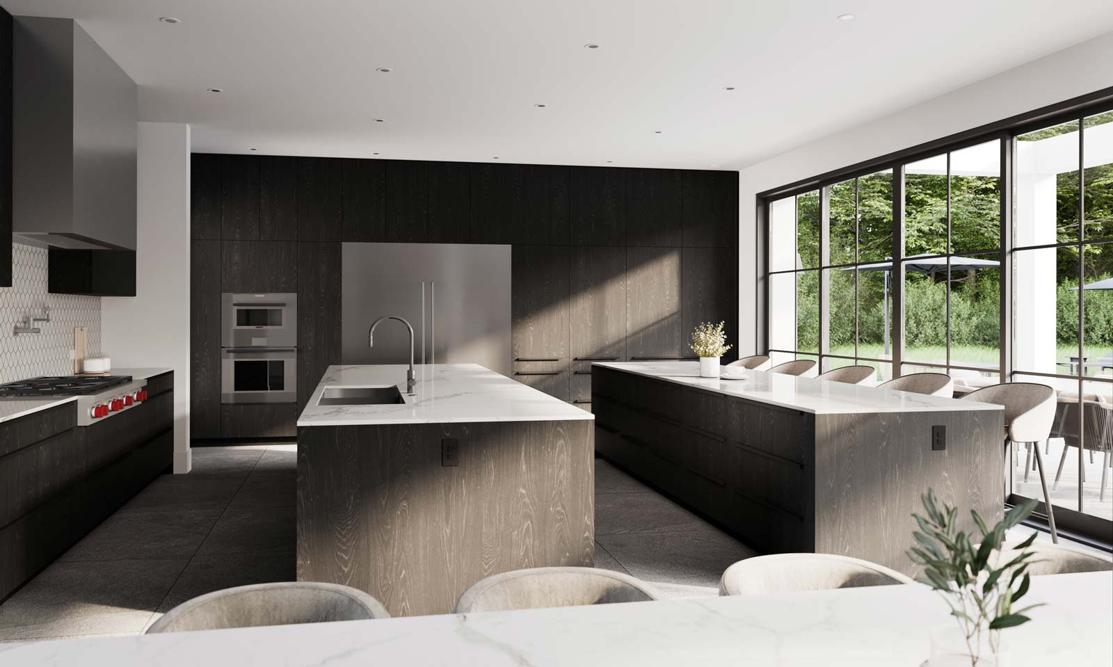 dark moody minimal kitchen design with black onyx cabinetry