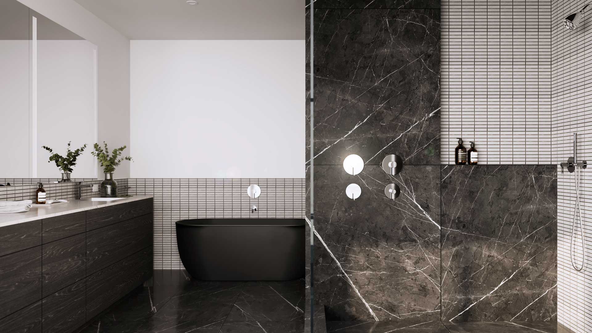 dark moody modern stone bathroom suite interiors