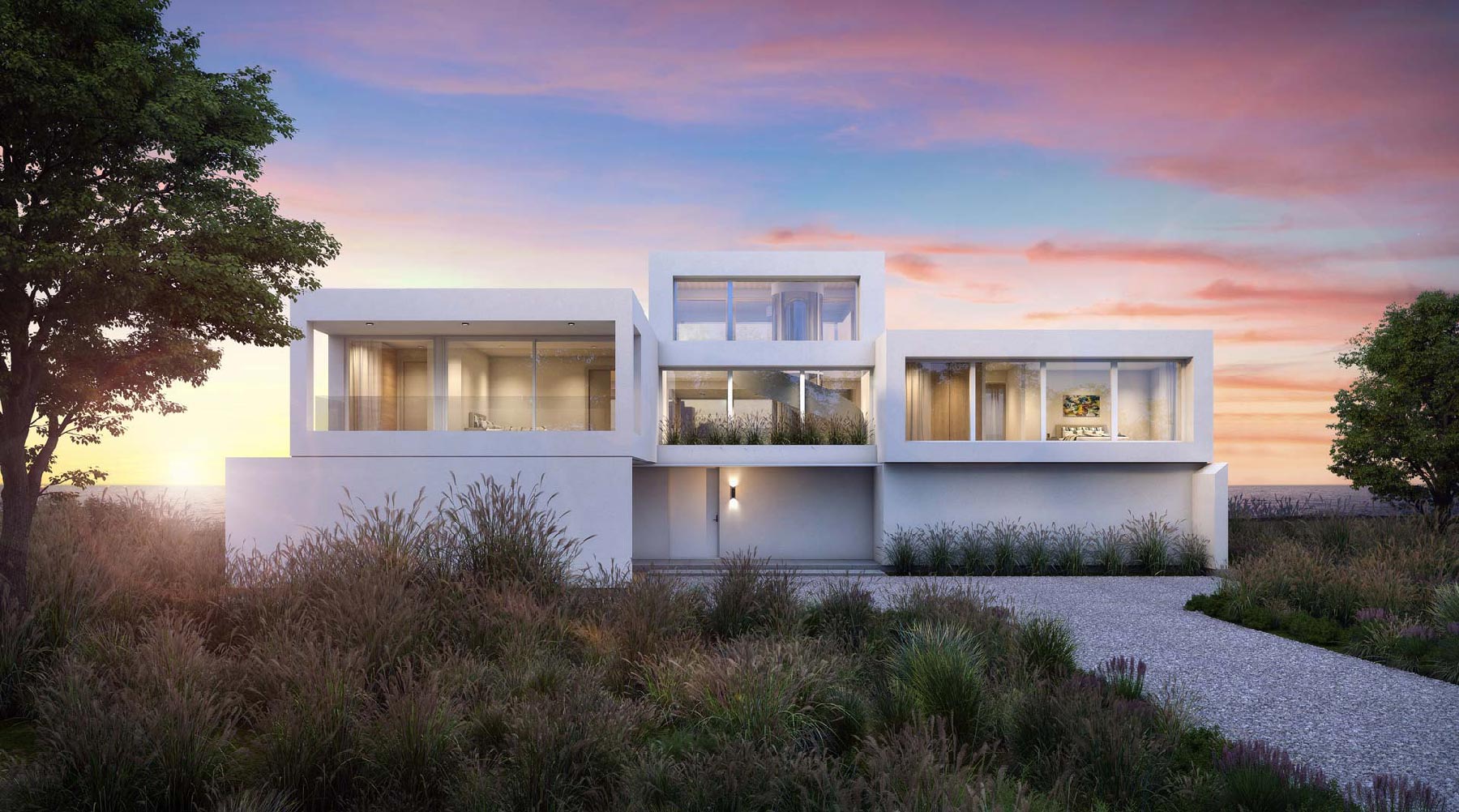 white stucco minimal modern north fork beach house architecture