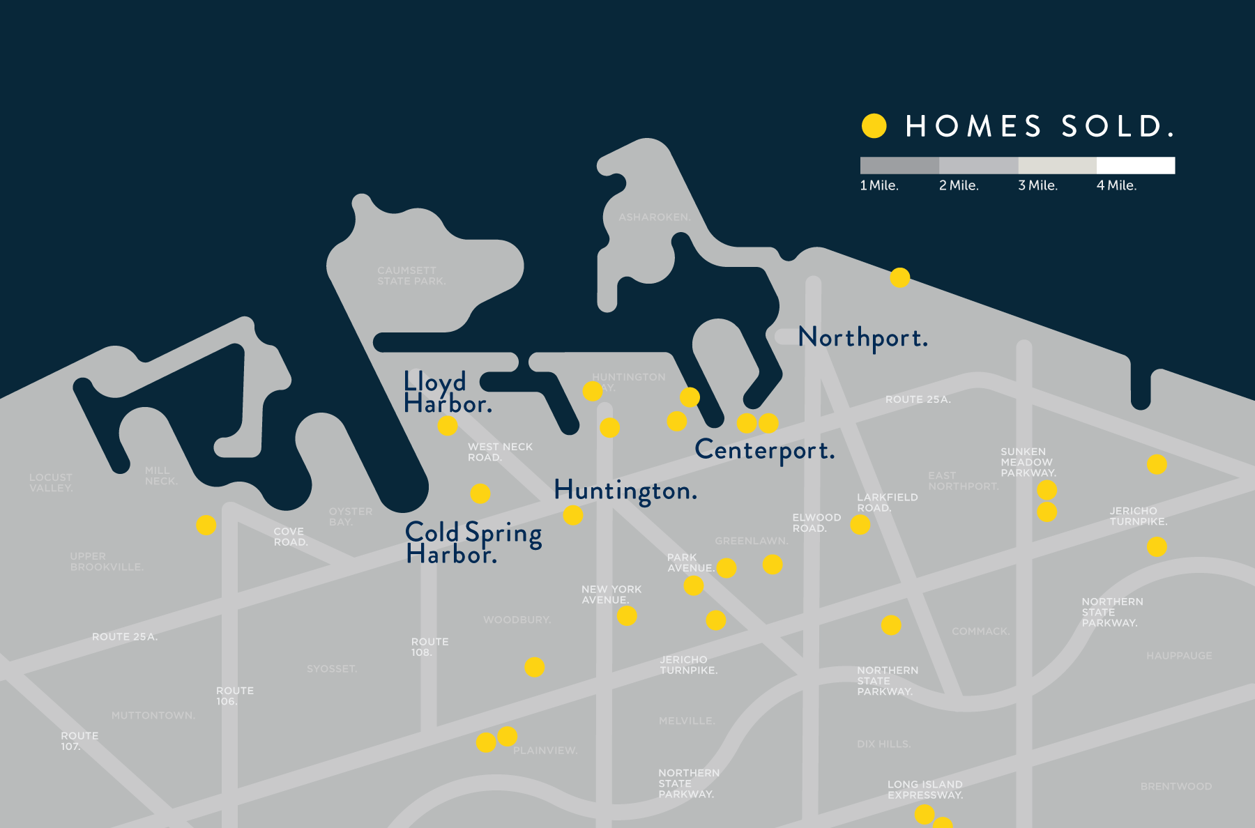 LNorth Shore Long Island Minimal Map Design of Huntington, Northport and Cold Spring Harbor, NY