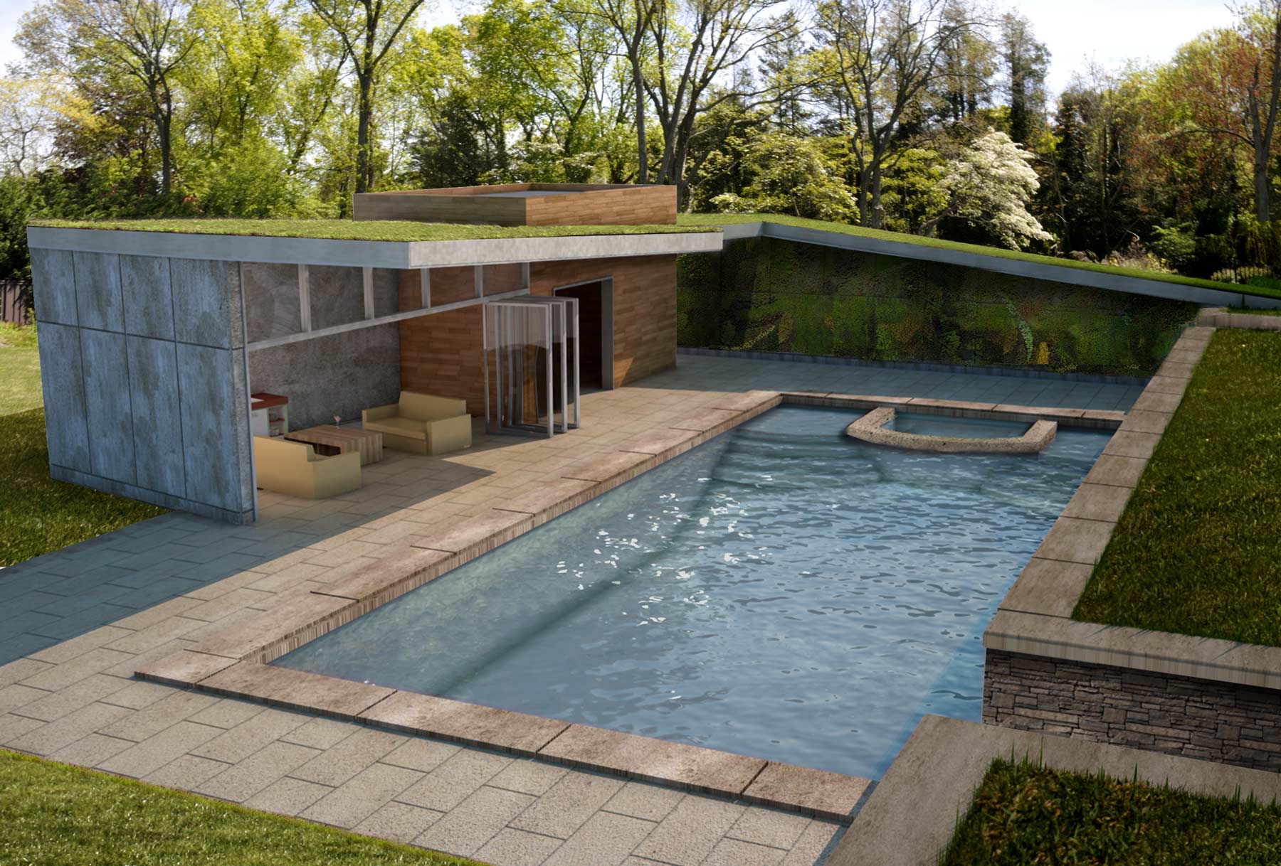 A green roof on a modern pool house on a hill by The Up Studio.