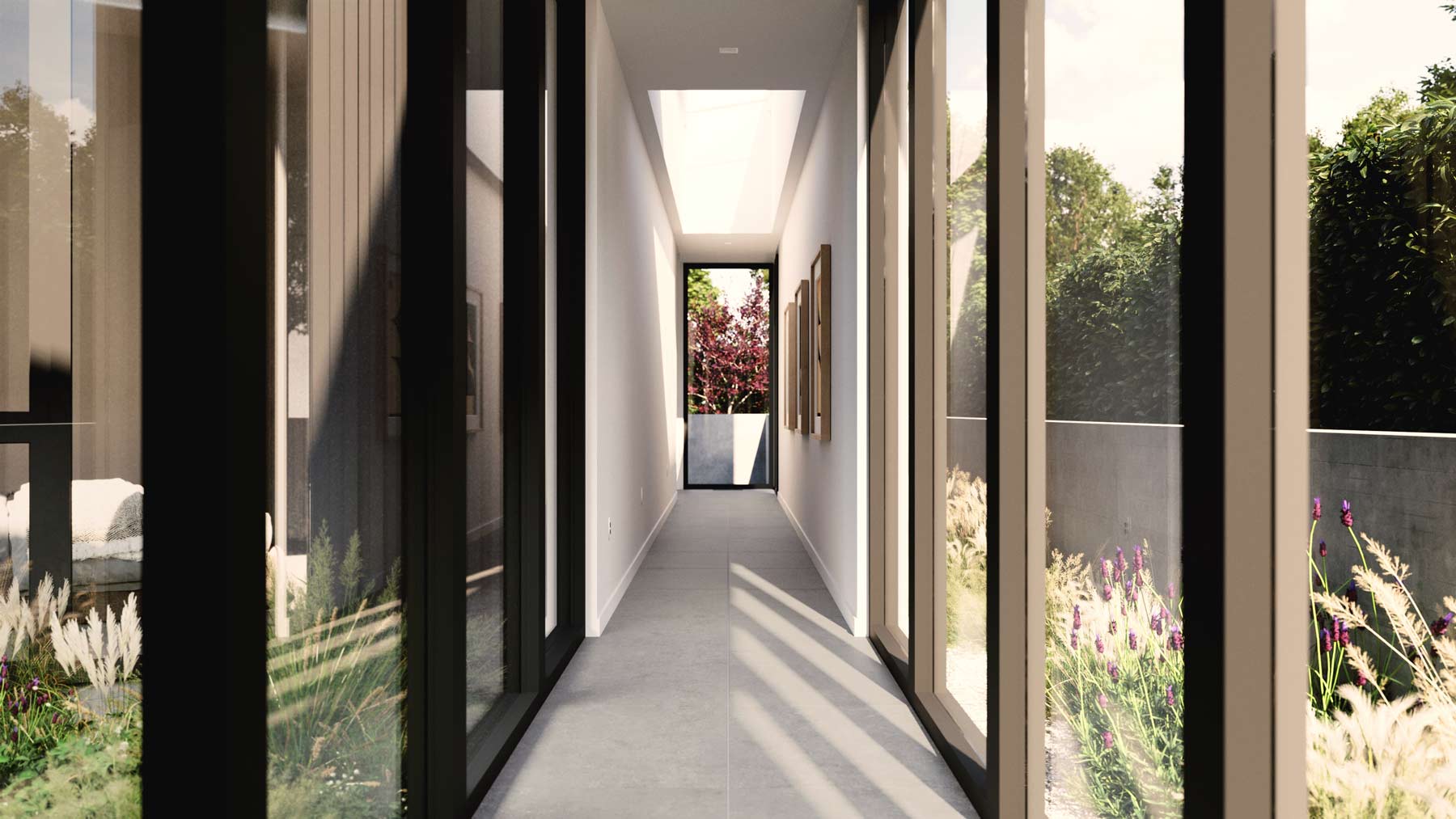 hallway connecting modern home design with separate living quarters