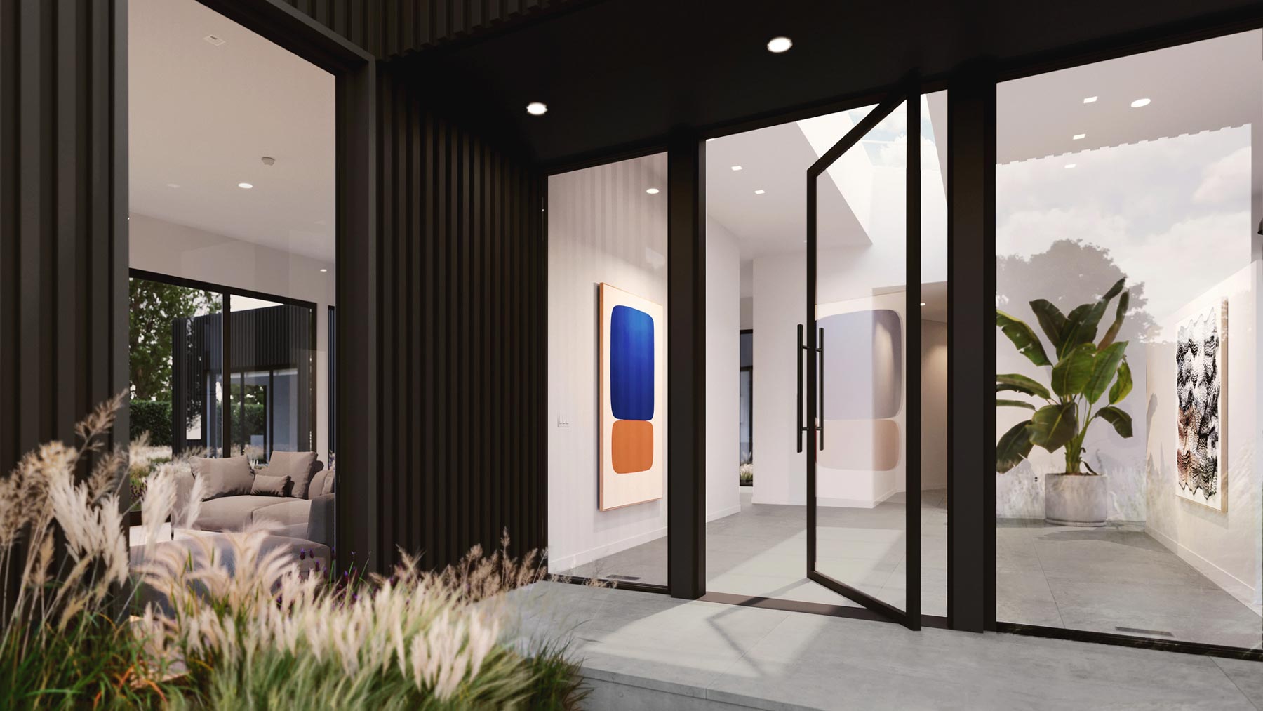 minimal home with art gallery entry way and pivot door